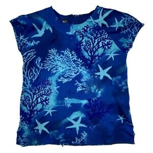 Borcellini Womens Sheer Blouse Size 14 Blue  Cap Sleeves Beachy Vacation Cruise